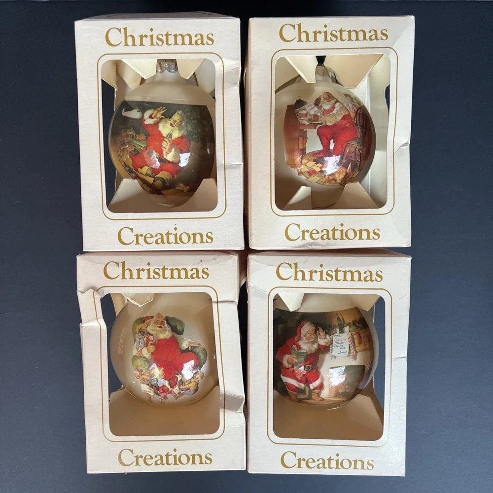 Vintage Santa Claus Glass Ornaments Set of 4 Double Sided Coca Cola Style W/Box